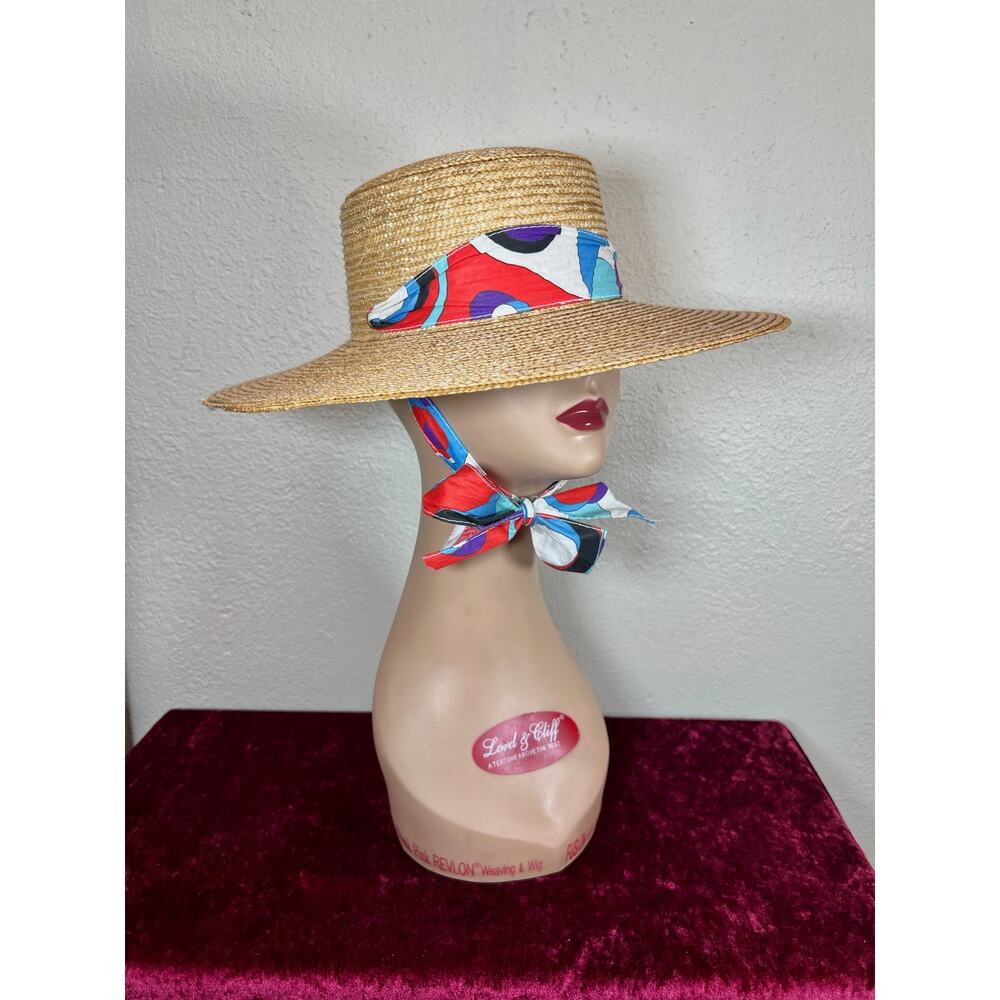 Vintage Accessories - Straw Sun Hat - Fabric Ribbon Accent Chin Strap - Medium
